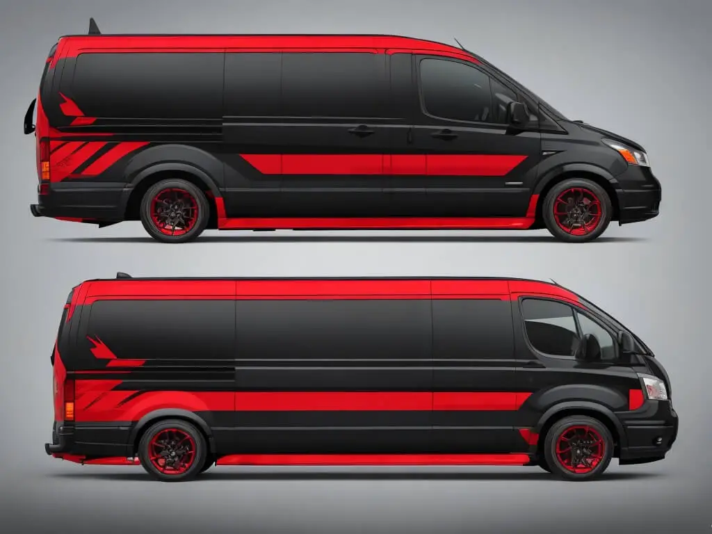 vinyl wrapped dark black and red van